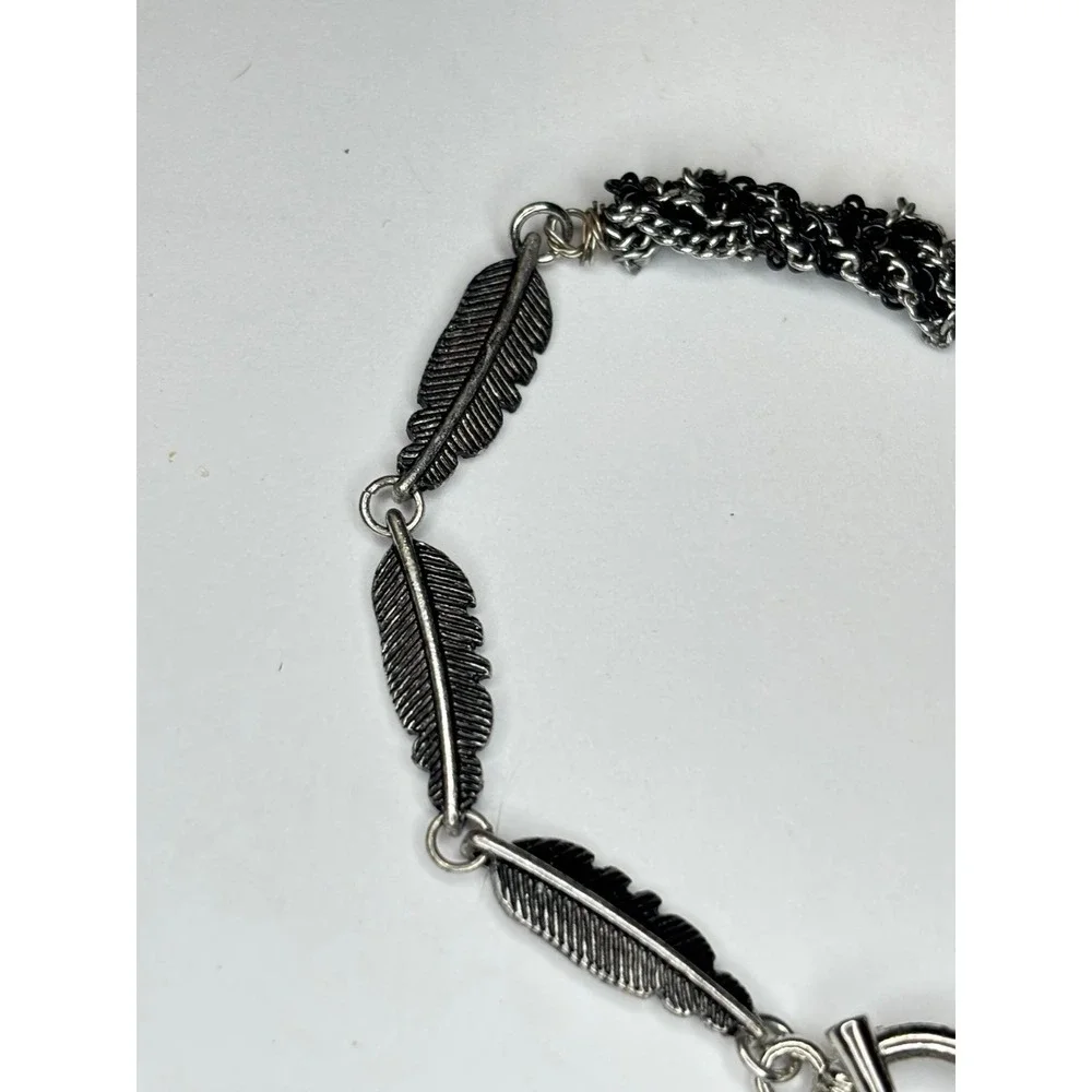 Mixed Metal Feather Tassel Bracelet Silver Black Multi Strand Toggle Clasp 6.75